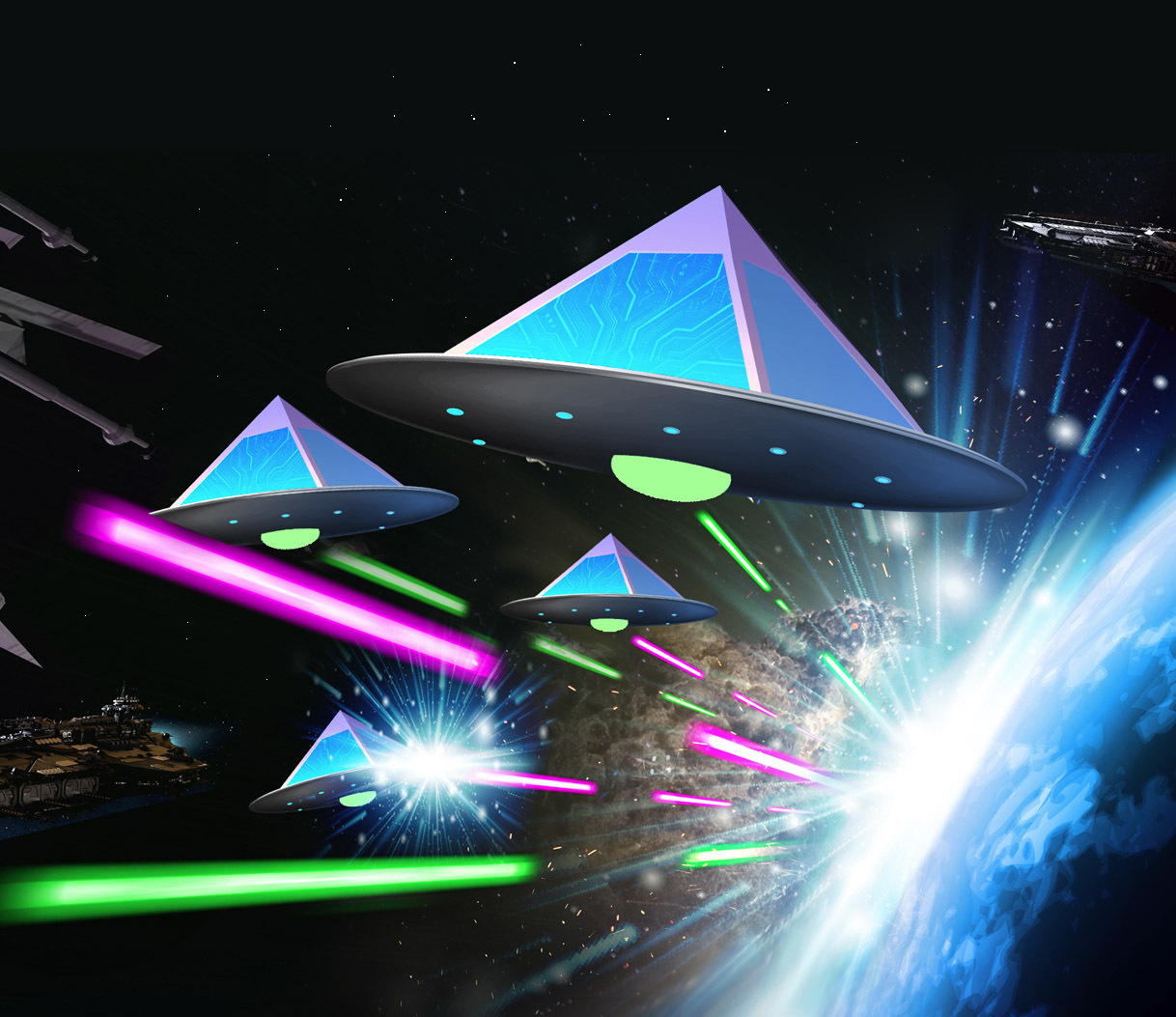 UFOs with pyramidal shape shooting lasers